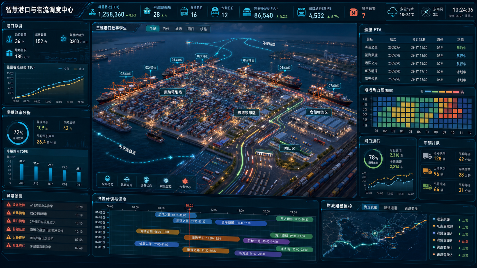 智慧港口物流 3D 调度驾驶舱案例图