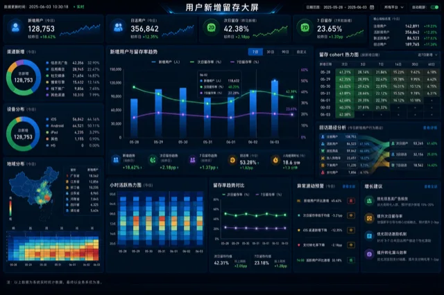 用户新增留存大屏模板预览